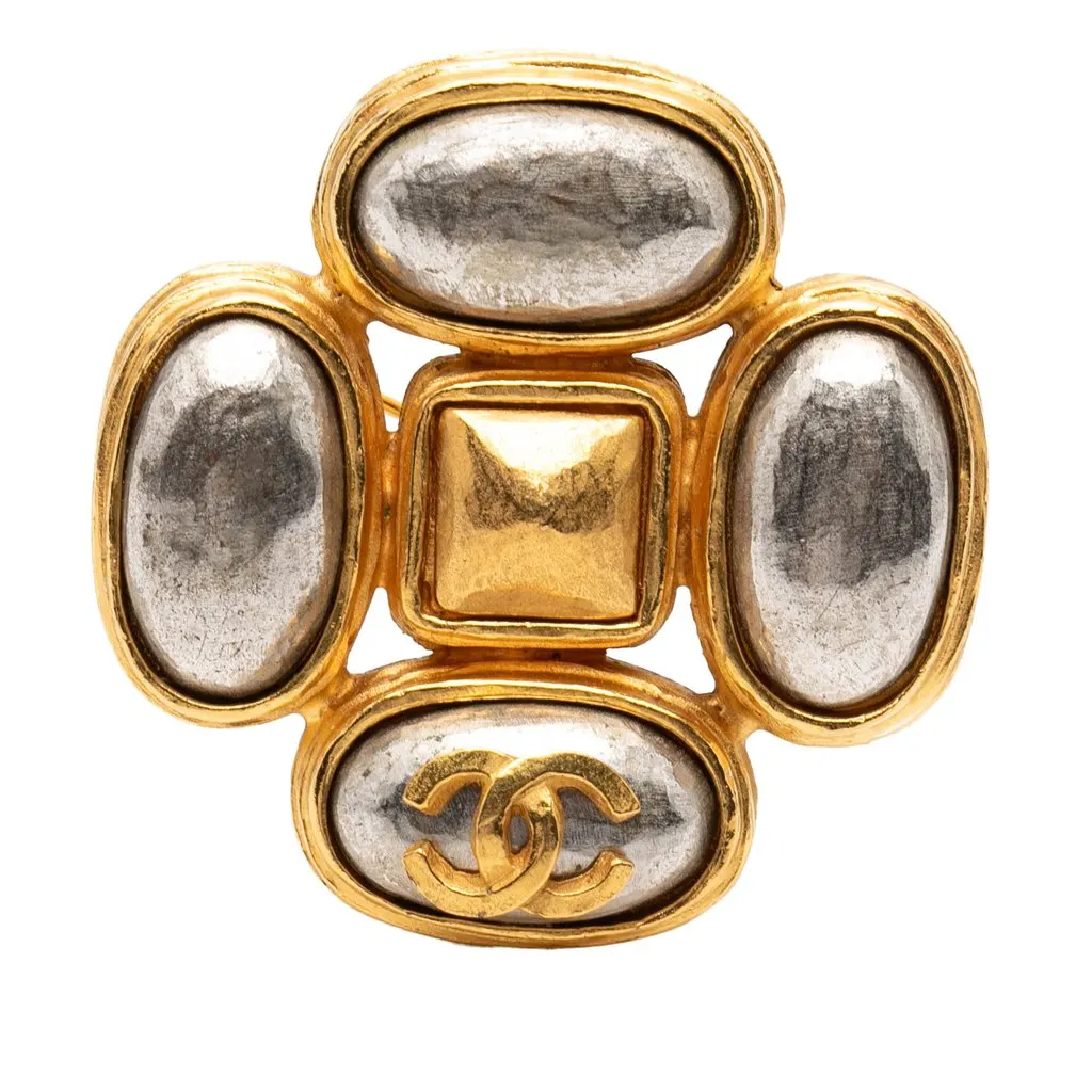 Chanel CC Gold Plated Gripoix Clover Brooch Gold Metal Very good - Front View