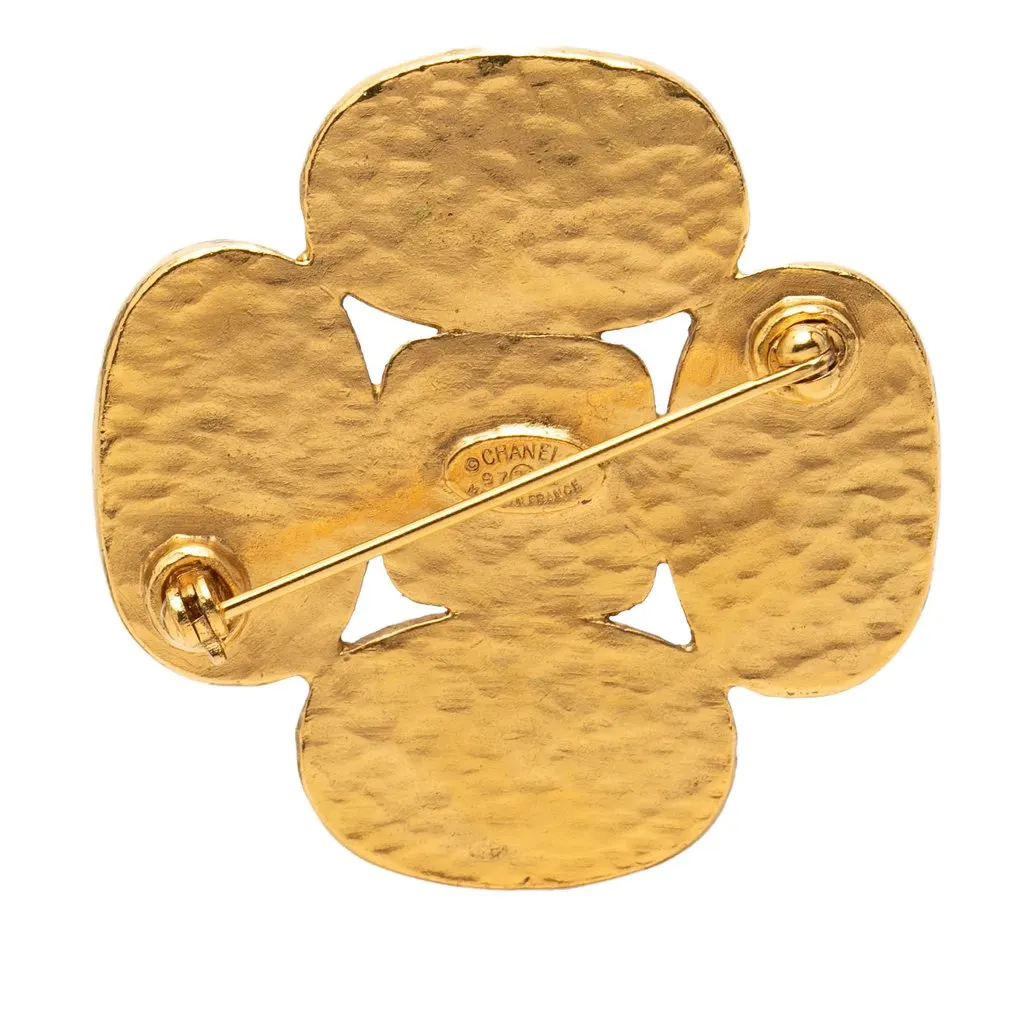 Chanel CC Gold Plated Gripoix Clover Brooch Gold Metal Very good - Back View
