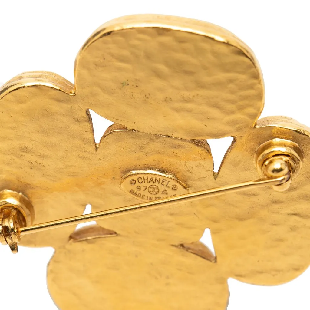 Chanel CC Gold Plated Gripoix Clover Brooch Gold Metal Very good - Inside View