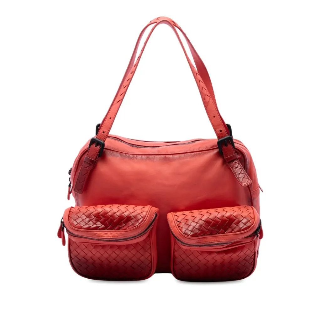 Bottega Veneta Intrecciato Trimmed Nappa Multi Pocket Shoulder Bag Orange Leather Good - Front View