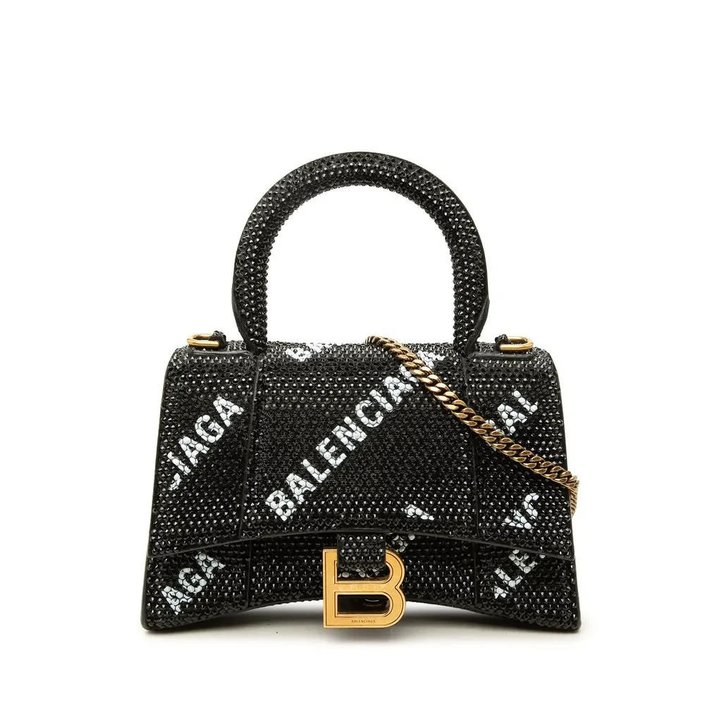 Balenciaga Suede Allover Logo Strass Hourglass Top Handle Bag XS Black Suede Very good - Front View