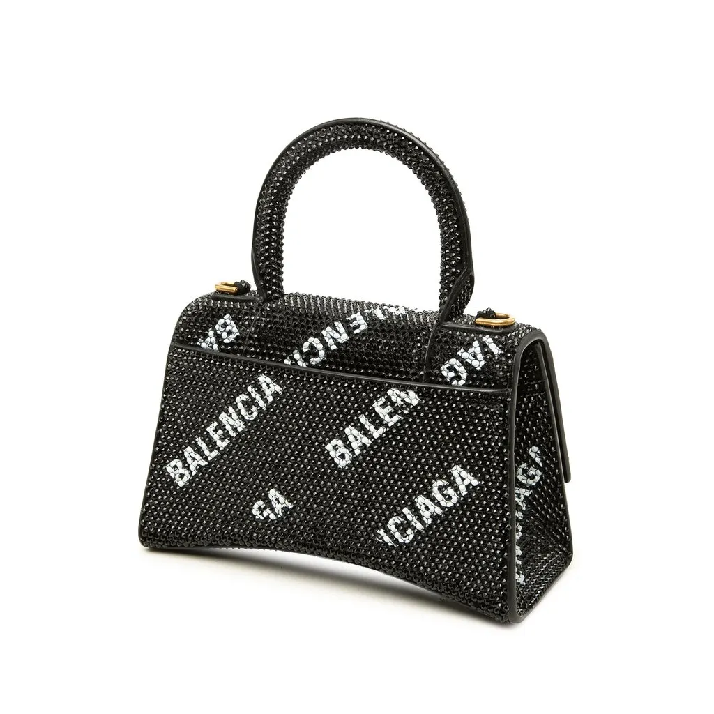 Balenciaga Suede Allover Logo Strass Hourglass Top Handle Bag XS Black Suede Very good - Back View