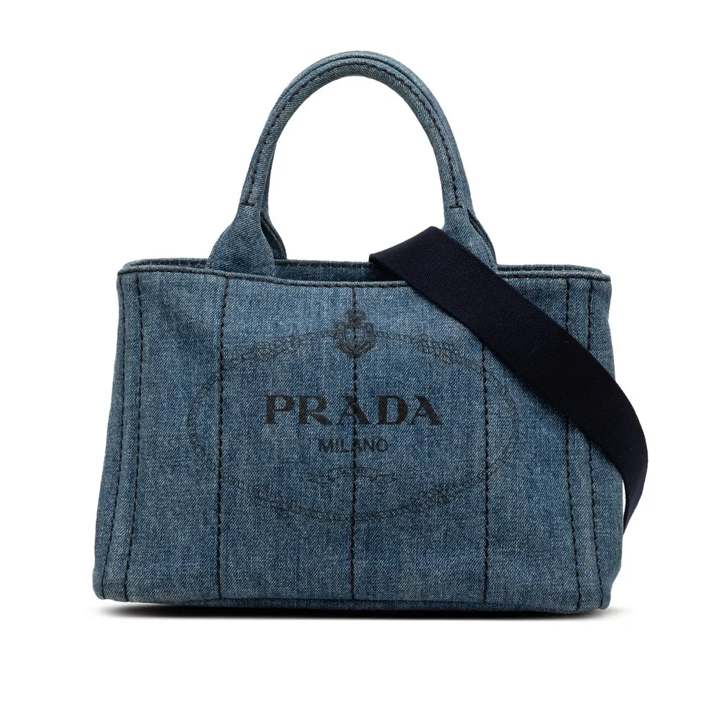 Prada Small Denim Canapa Logo Tote Blue Very good - Front View