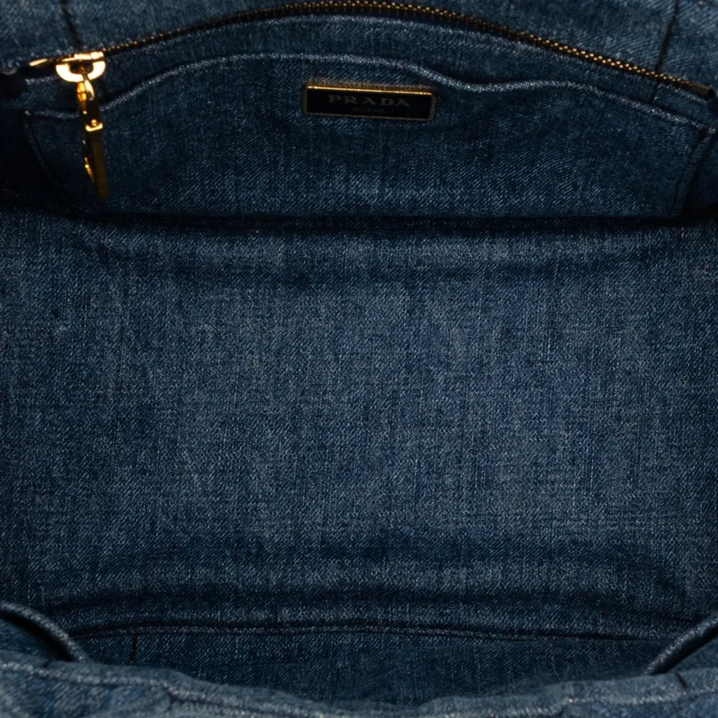 Prada Small Denim Canapa Logo Tote Blue Very good - Model View