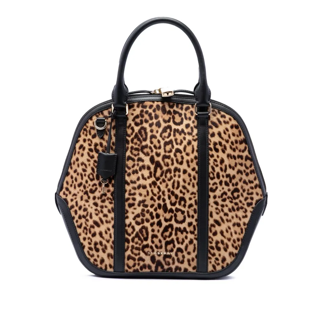 Burberry Large Pony Hair Leopard Print Orchard Bowling Bag Brown Very good - Front View