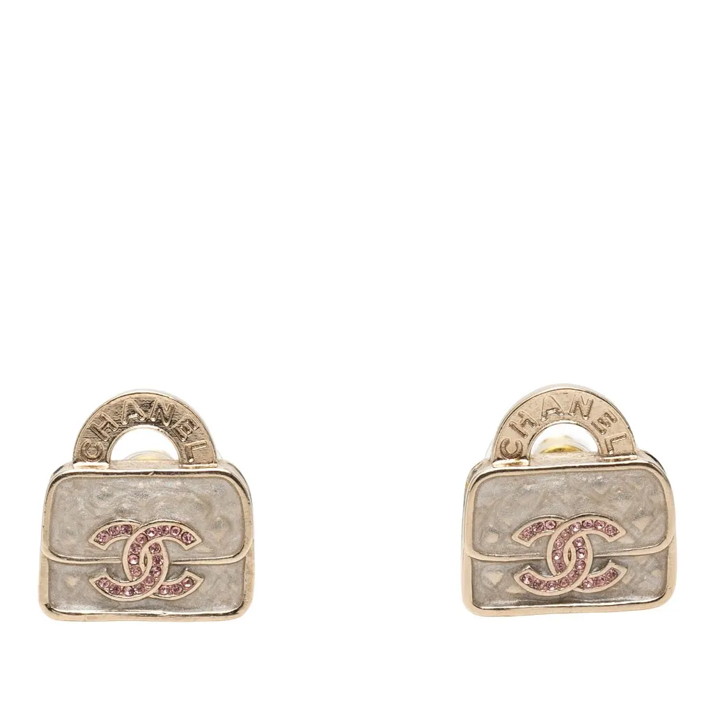 Chanel CC Brass Resin Strass Top Handle Bag Push Back Earrings Gold Metal Very good - Front View