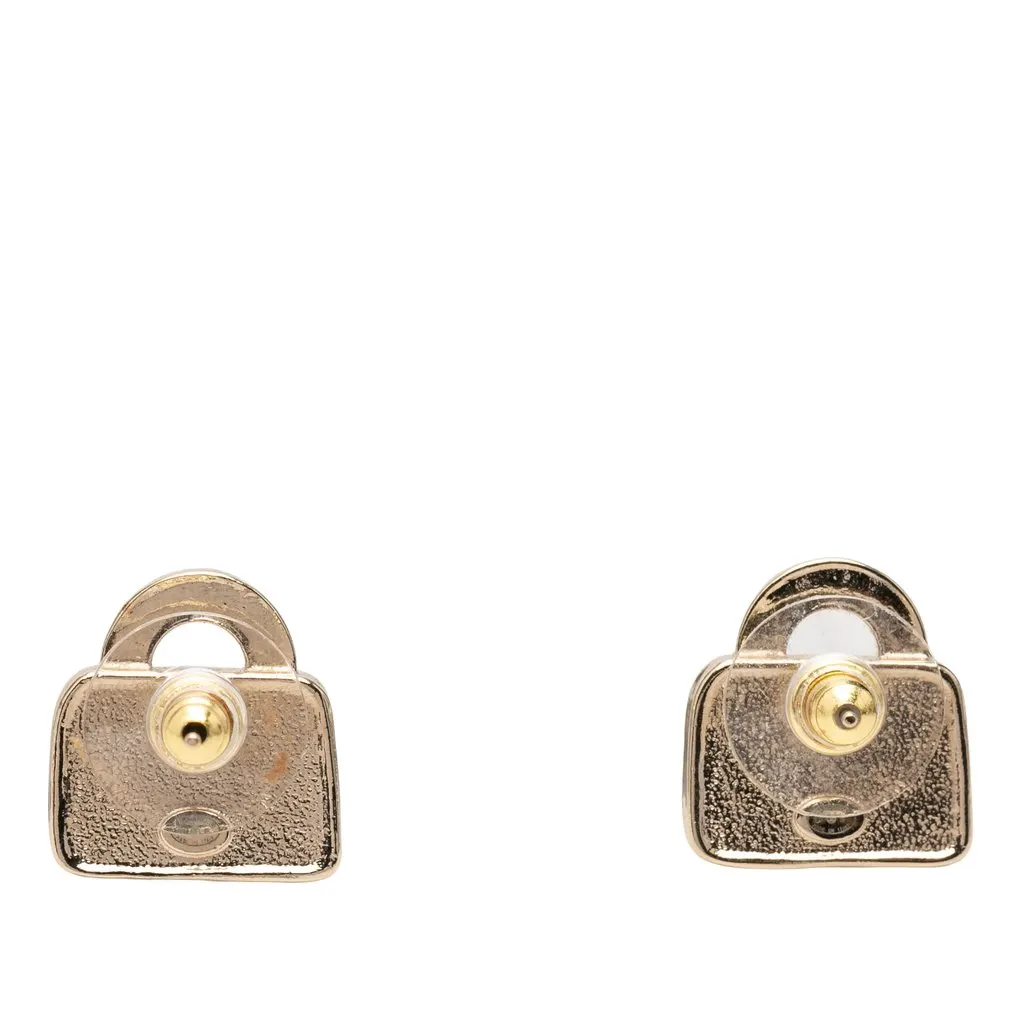 Chanel CC Brass Resin Strass Top Handle Bag Push Back Earrings Gold Metal Very good - Back View