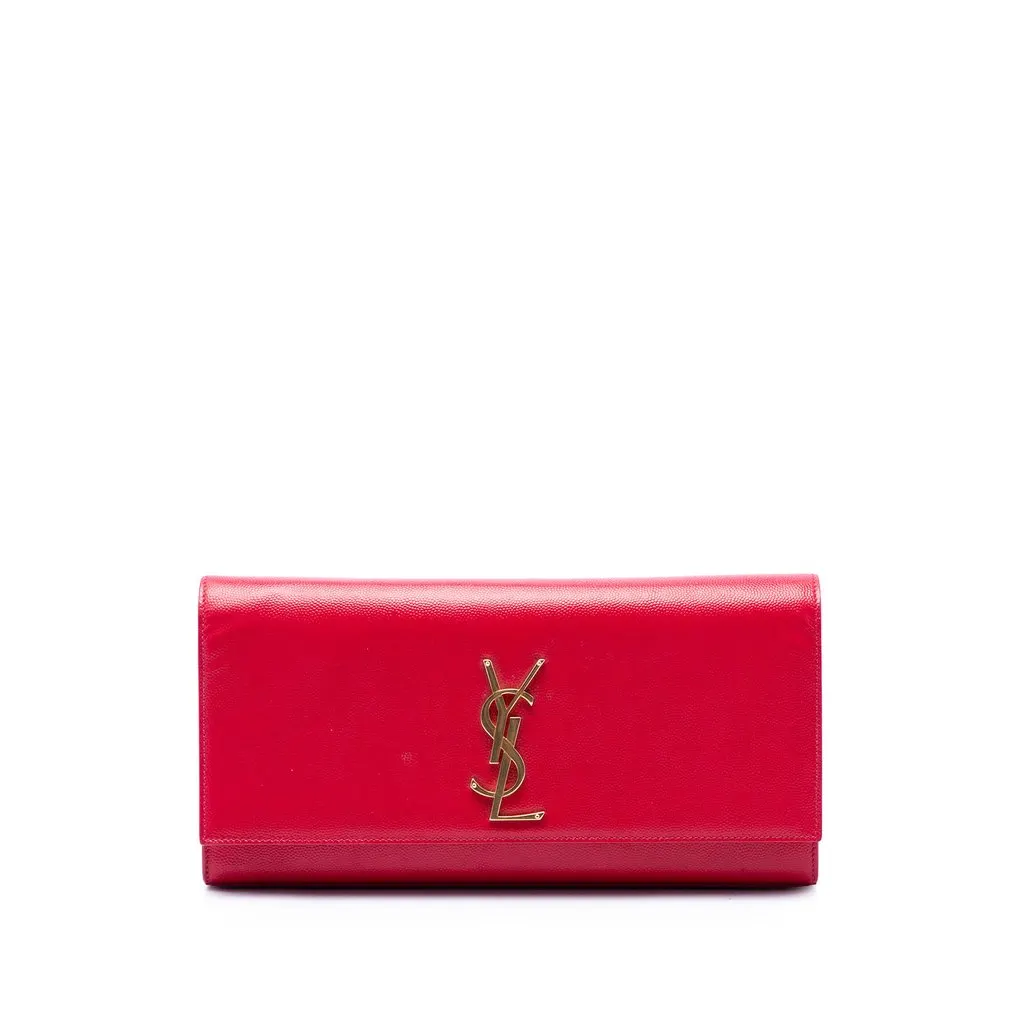 Saint Laurent Grain de Poudre Monogram Cassandre Clutch Red Leather Good - Front View
