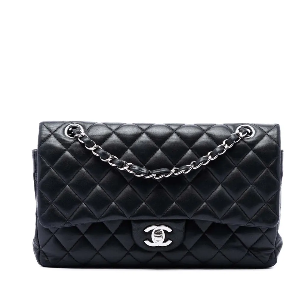 Chanel Medium Classic Lambskin Double Flap Black Leather Very good - Front View