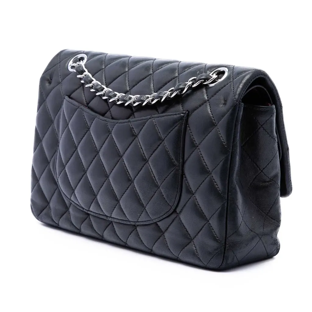Chanel Medium Classic Lambskin Double Flap Black Leather Very good - Back View
