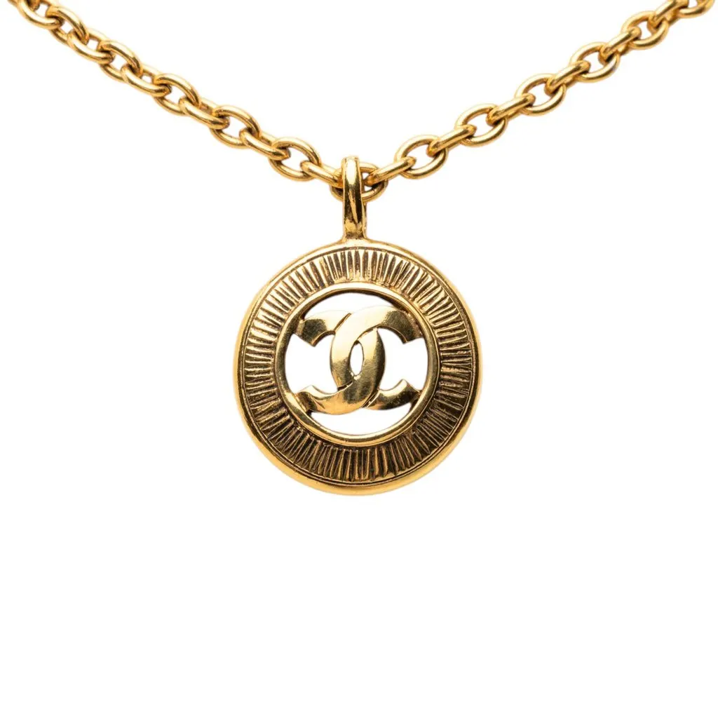 Chanel CC Gold Plated Round Pendant Necklace Gold Metal Very good - Back View