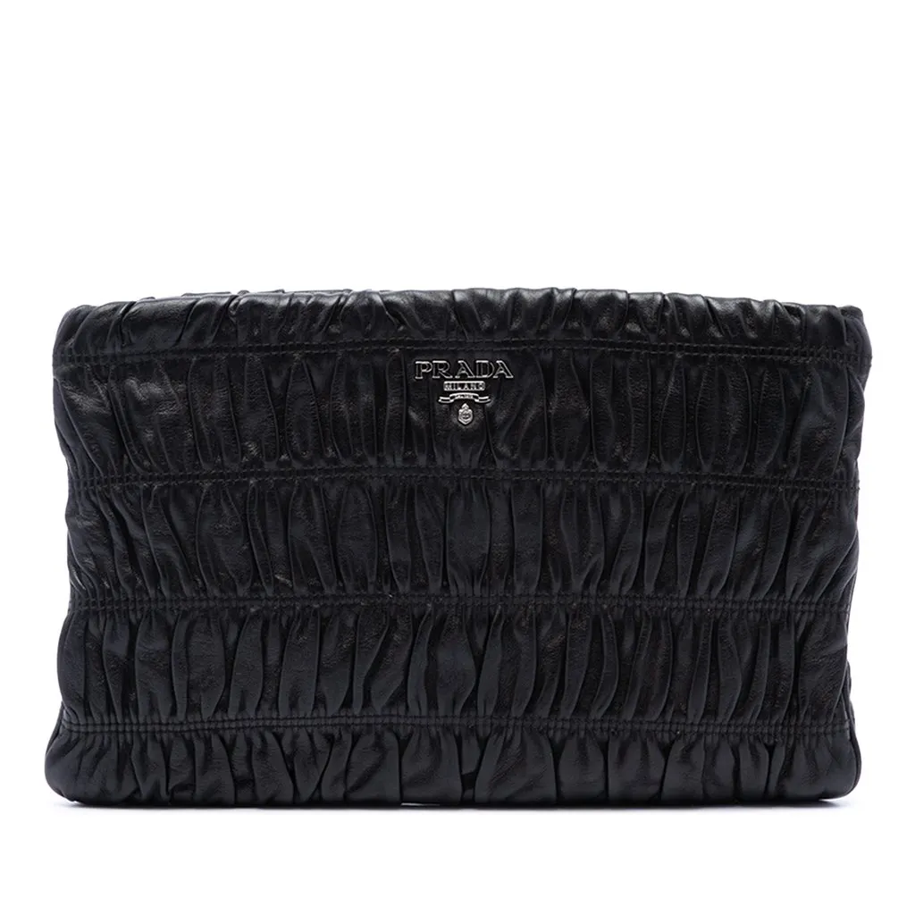 Prada Nappa Gaufre Clutch Black Leather Good - Front View