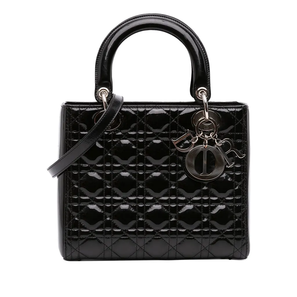 Dior Medium Patent Cannage Lady Dior Black Leather Good - Front View