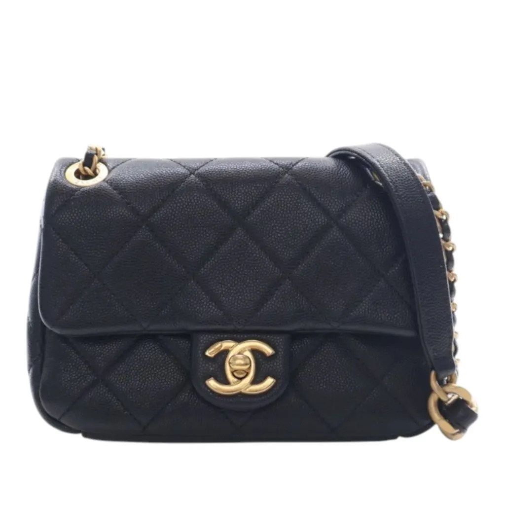 Chanel CC Mini Square Quilted Caviar Single Flap Black Leather Very good - Front View