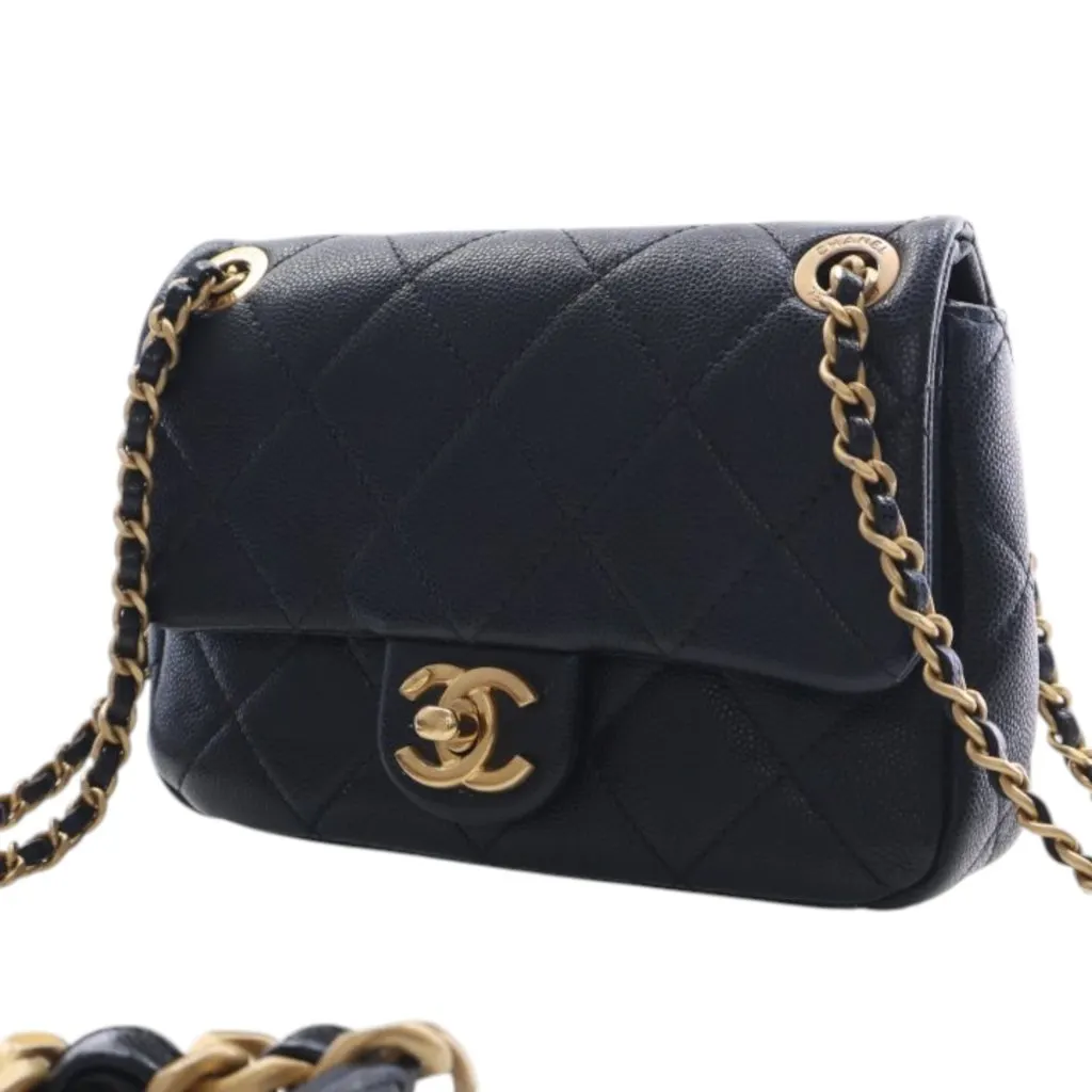 Chanel CC Mini Square Quilted Caviar Single Flap Black Leather Very good - Inside View