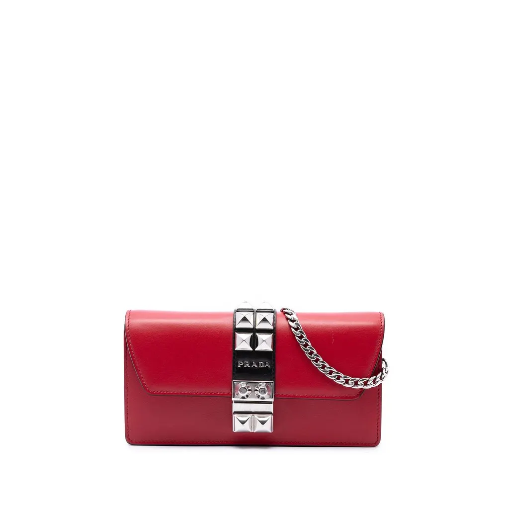 Prada City Calfskin Studded Elektra Clutch with Chain Red Leather Very good - Front View