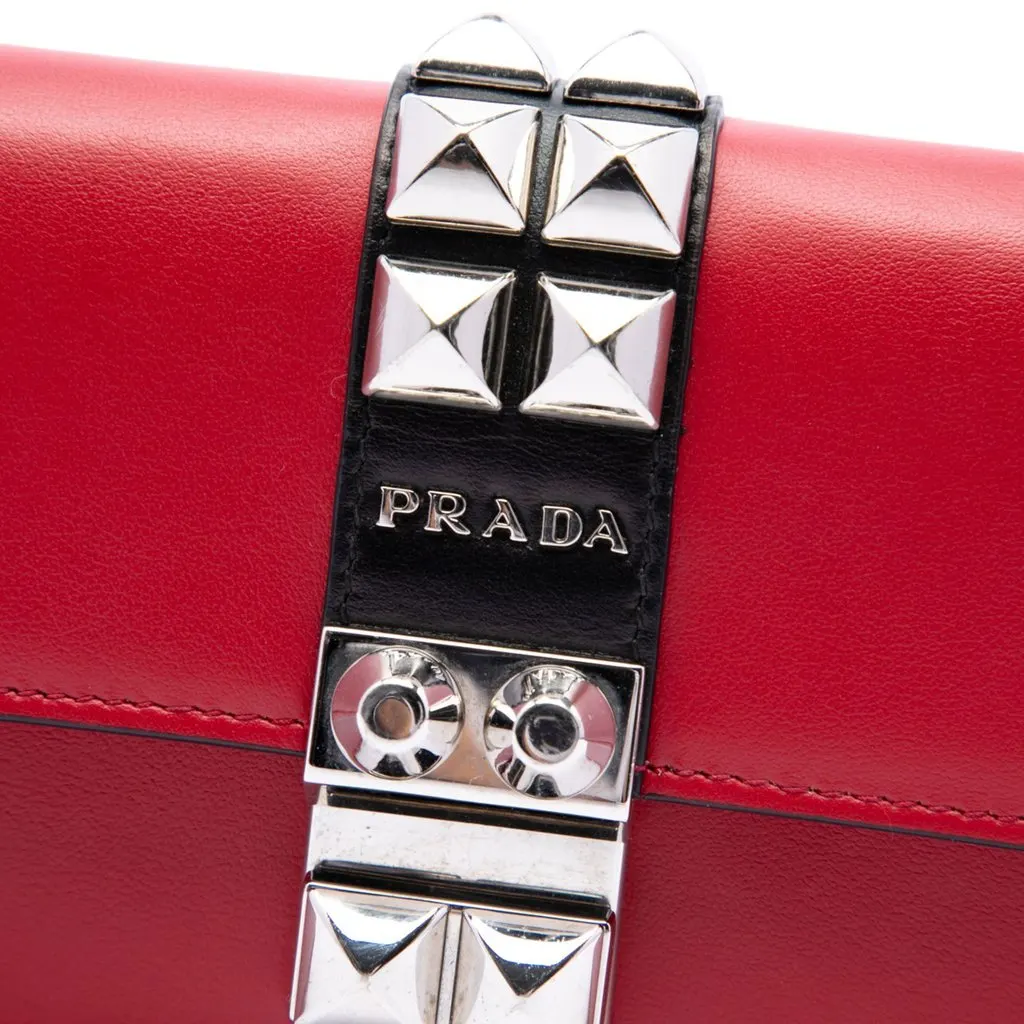 Prada City Calfskin Studded Elektra Clutch with Chain Red Leather Very good - Box View