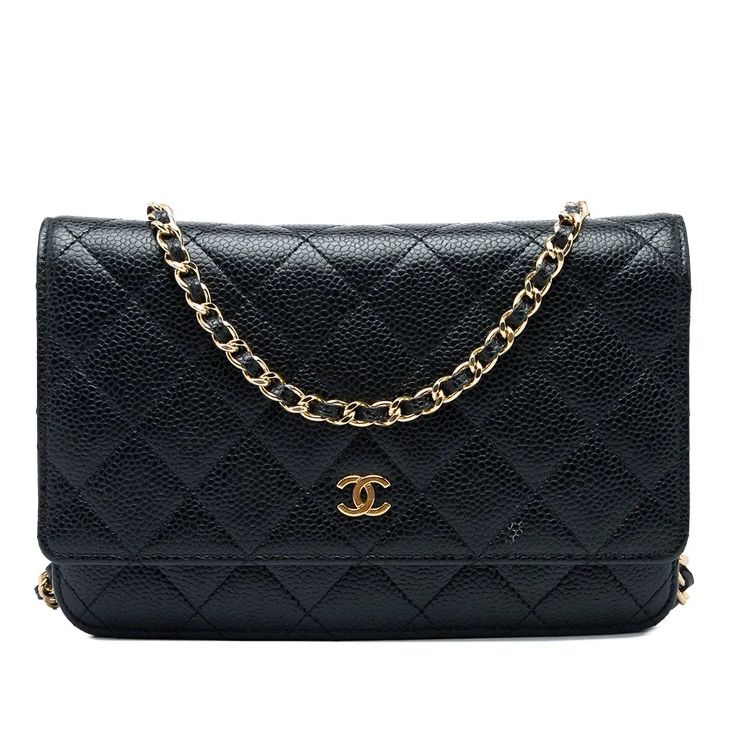 Chanel CC Quilted Caviar Wallet on Chain Black Leather Very good - Front View