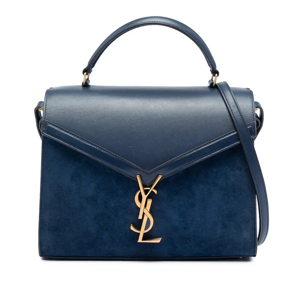 Saint Laurent Medium Calfskin and Suede Classic Monogram Cassandra Top Handle Bag Blue Leather Very good - Front View