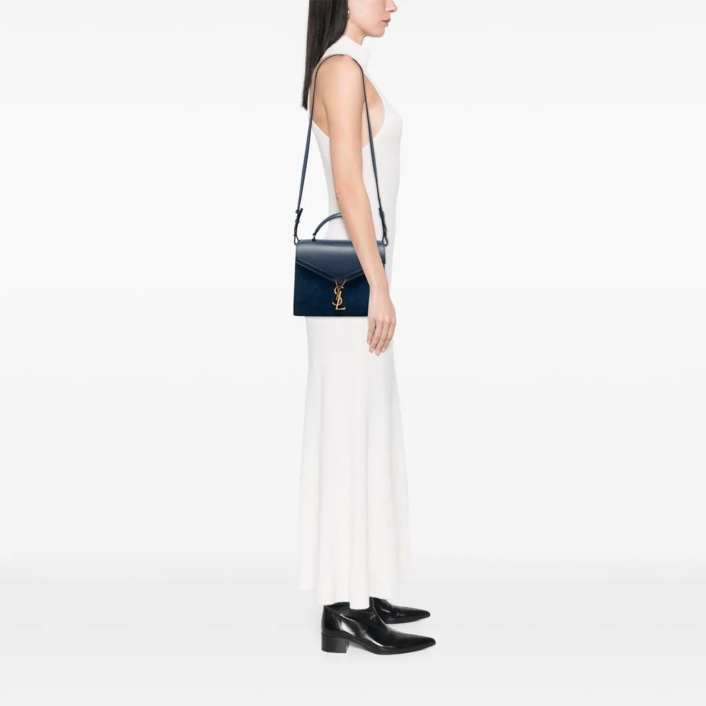 Saint Laurent Medium Calfskin and Suede Classic Monogram Cassandra Top Handle Bag Blue Leather Very good - Box View