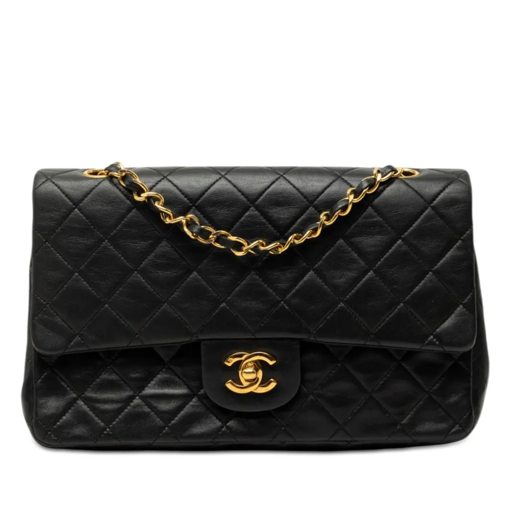 Chanel Medium Classic Lambskin Double Flap Black Leather Very good - Front View
