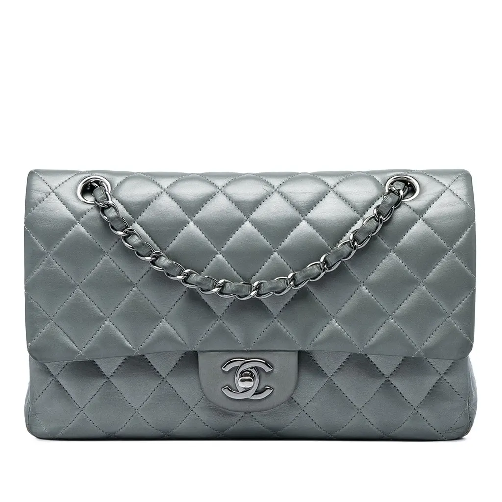 Chanel Medium Classic Lambskin Double Flap Silver Leather Good - Front View
