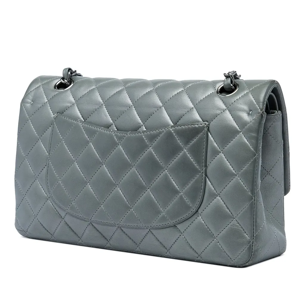 Chanel Medium Classic Lambskin Double Flap Silver Leather Good - Back View
