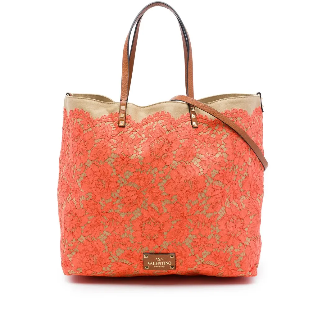 Valentino Canvas Rockstud Glam Lace Reversible Tote Orange Very good - Front View