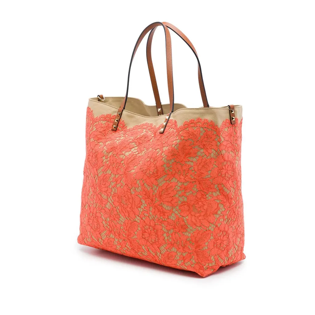 Valentino Canvas Rockstud Glam Lace Reversible Tote Orange Very good - Back View