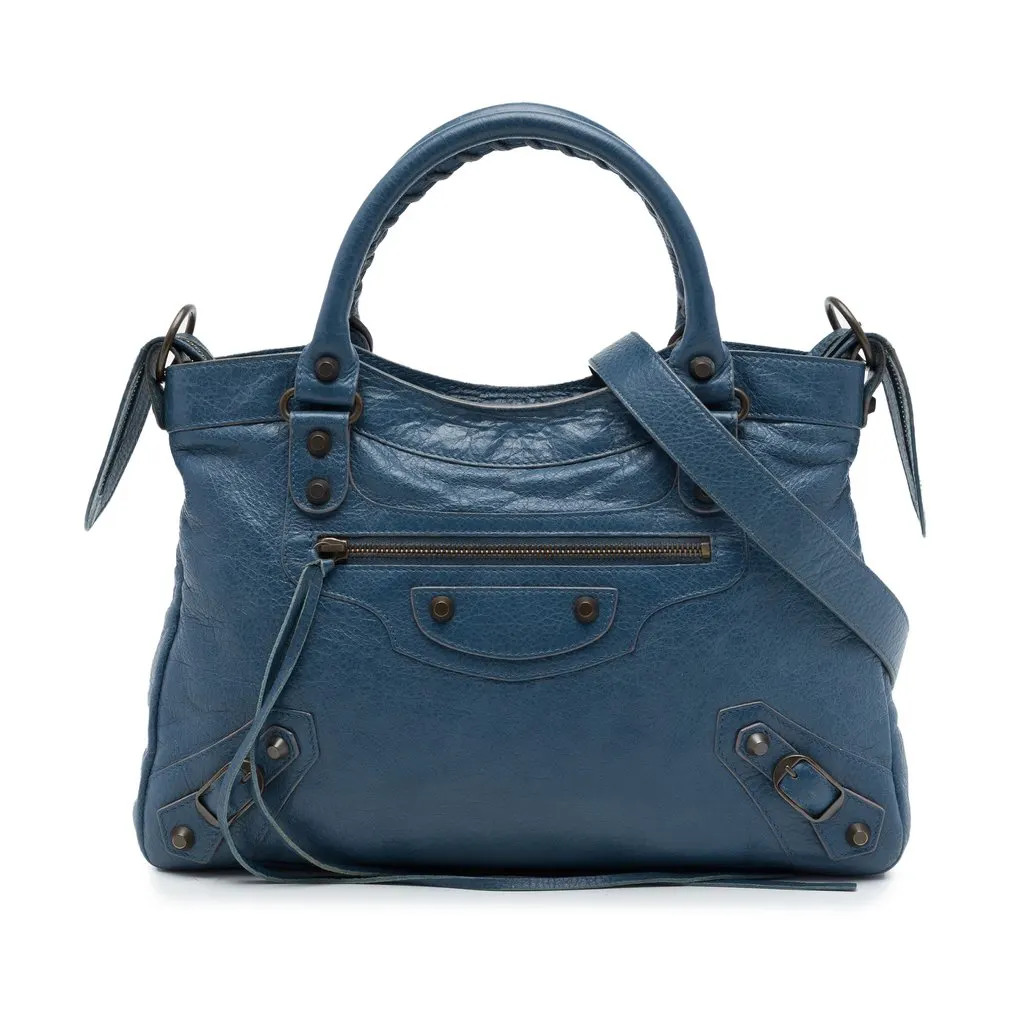 Balenciaga Lambskin Motocross Classic Town Satchel Blue Leather Good - Front View