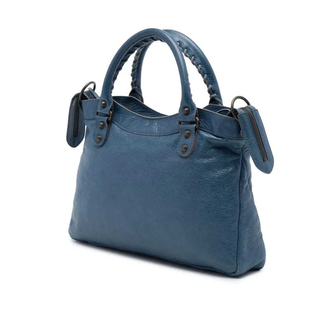 Balenciaga Lambskin Motocross Classic Town Satchel Blue Leather Good - Back View