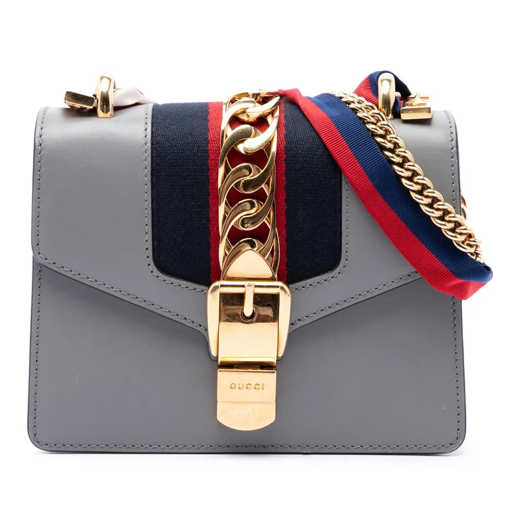 Gucci Mini Calfskin Web Sylvie Chain Satchel Grey Leather Very good - Front View