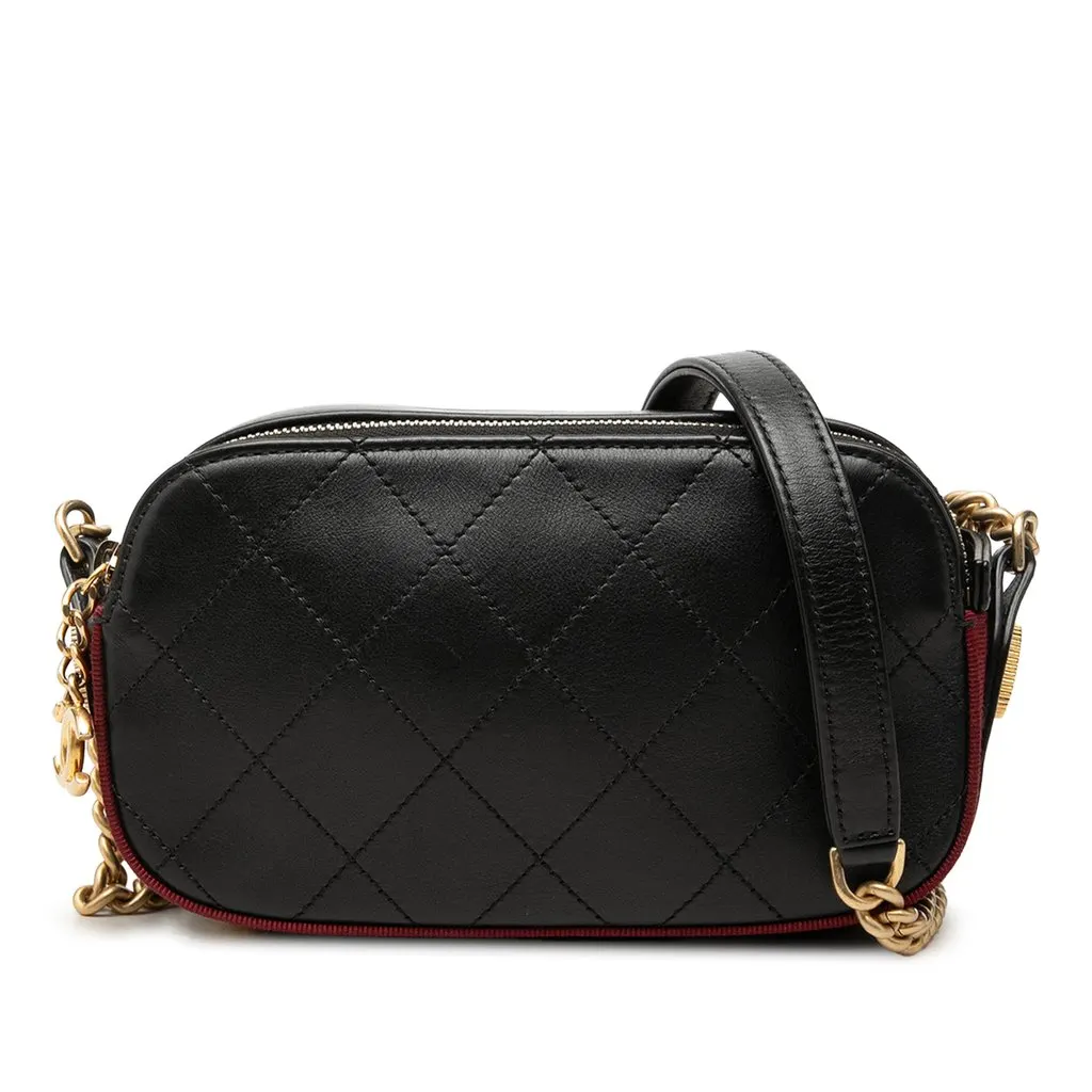 Chanel Stitched Calfskin and Grosgrain Button Up Double Zip Camera Bag Black Leather Very good - Front View