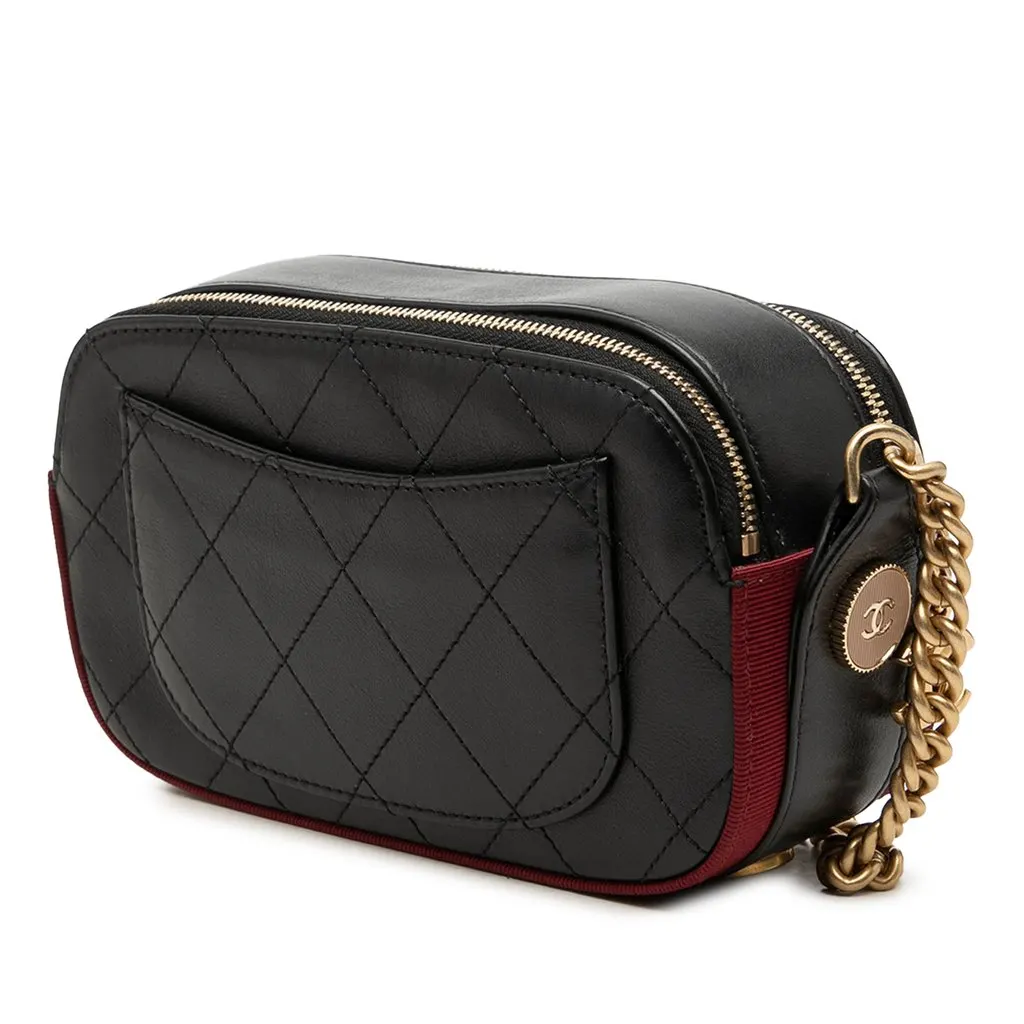 Chanel Stitched Calfskin and Grosgrain Button Up Double Zip Camera Bag Black Leather Very good - Back View