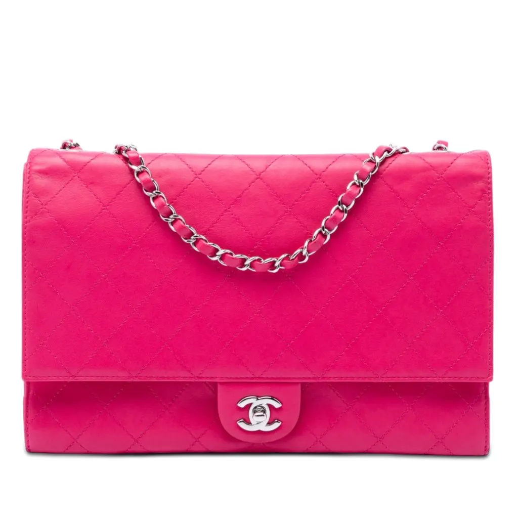Chanel Jumbo Quilted Lambskin 3 Accordion Double Flap Pink Leather Very good - Front View