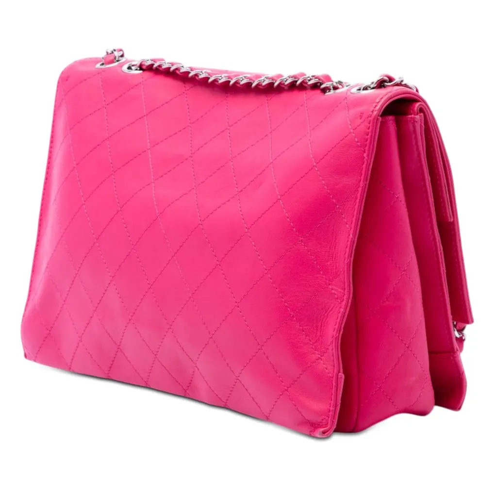 Chanel Jumbo Quilted Lambskin 3 Accordion Double Flap Pink Leather Very good - Back View