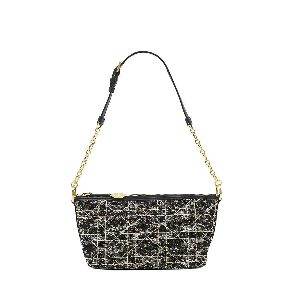 Dior Tweed Cannage Diorstar Hobo Bag with Chain Black Tweed Very good - Front View