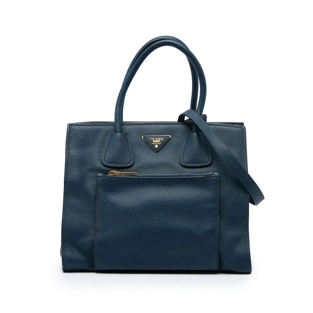 Prada Vitello Daino Front Pocket Open Convertible Tote Blue Leather Very good - Front View