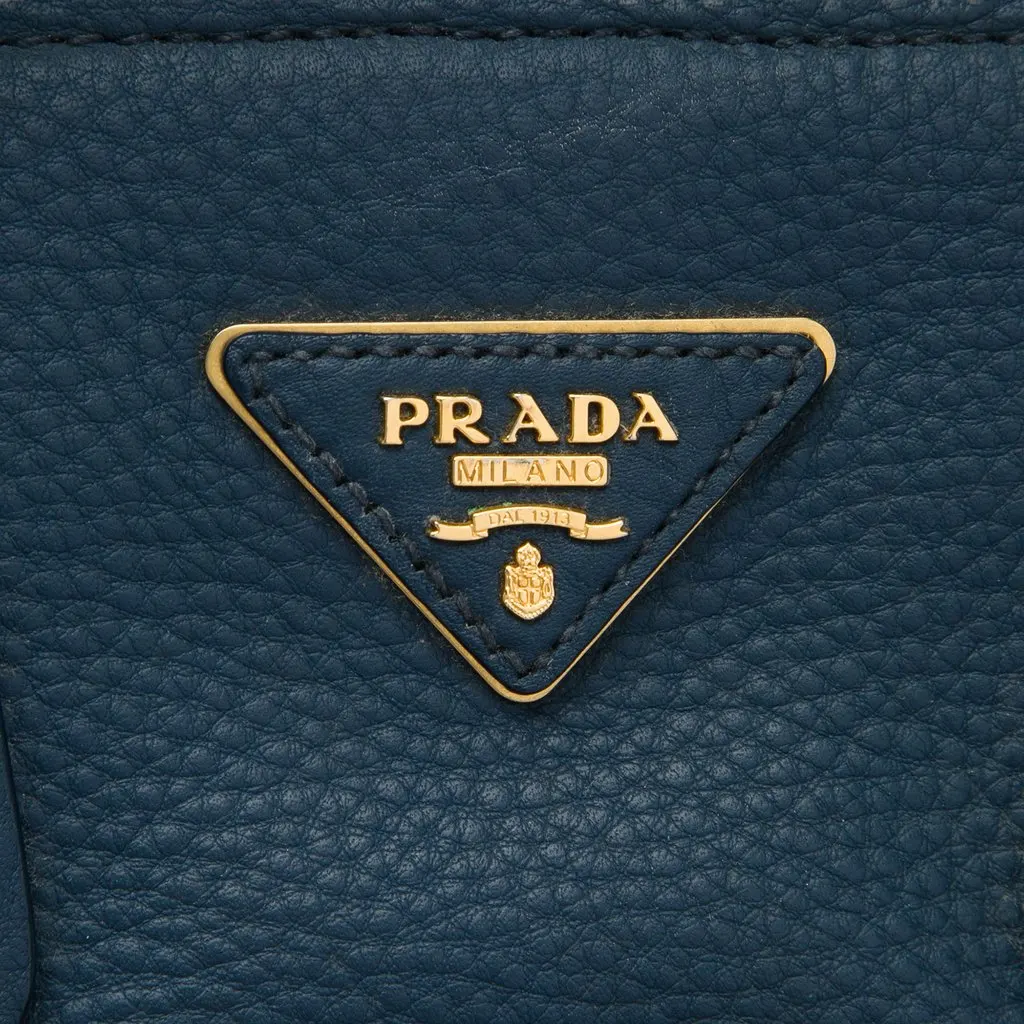 Prada Vitello Daino Front Pocket Open Convertible Tote Blue Leather Very good - Box View