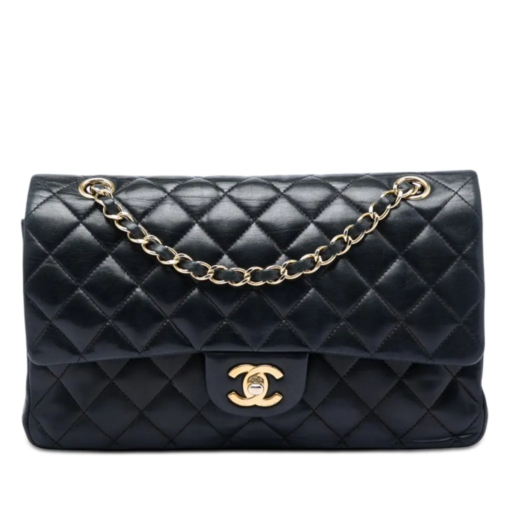 Chanel Medium Classic Lambskin Double Flap Black Leather Very good - Front View