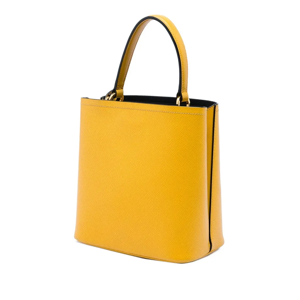 Prada Medium Saffiano Cuir Panier Bucket Bag Yellow Leather Good - Back View