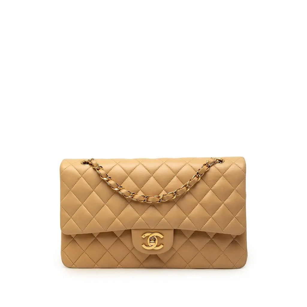 Chanel Medium Classic Lambskin Double Flap Beige Leather Very good - Front View