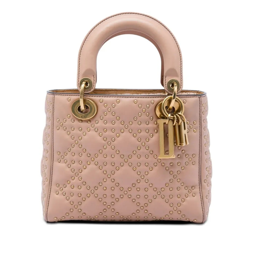 Dior Small Lambskin Cannage Studded Supple Lady Dior Pink Leather Very good - Front View