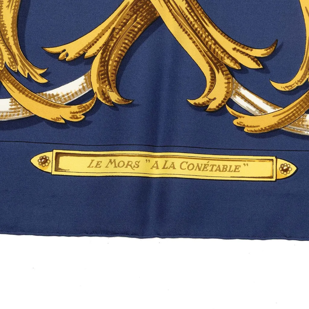 Hermès Le Mors A La Conetable Silk Scarf 90 Blue Silk Very good - Model View