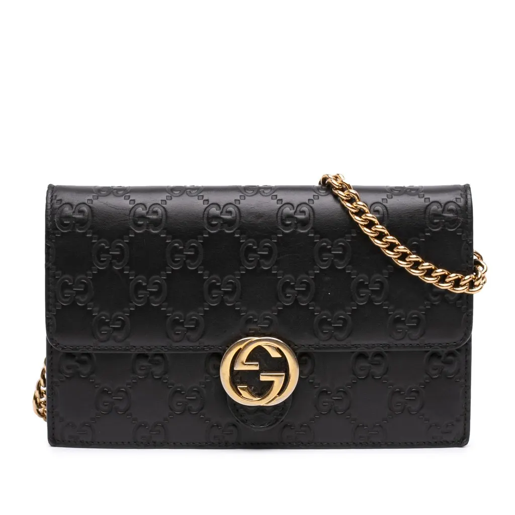 Gucci Guccissima Interlocking G Wallet on Chain Black Leather Very good - Front View