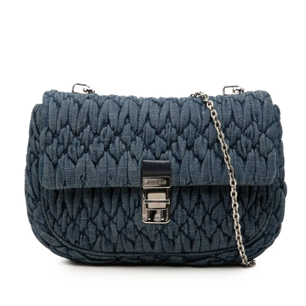 Miu Miu Matelasse Denim Crystal Chain Satchel Blue Very good - Front View
