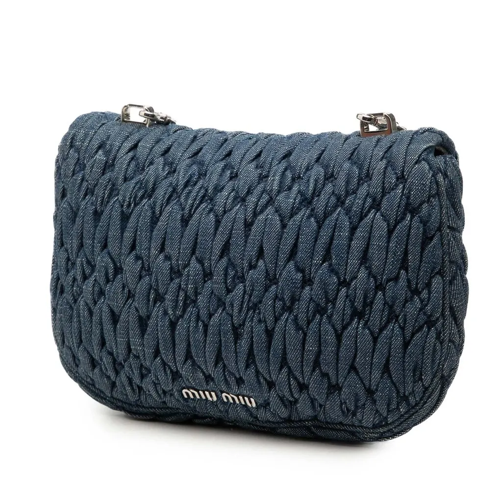 Miu Miu Matelasse Denim Crystal Chain Satchel Blue Very good - Back View