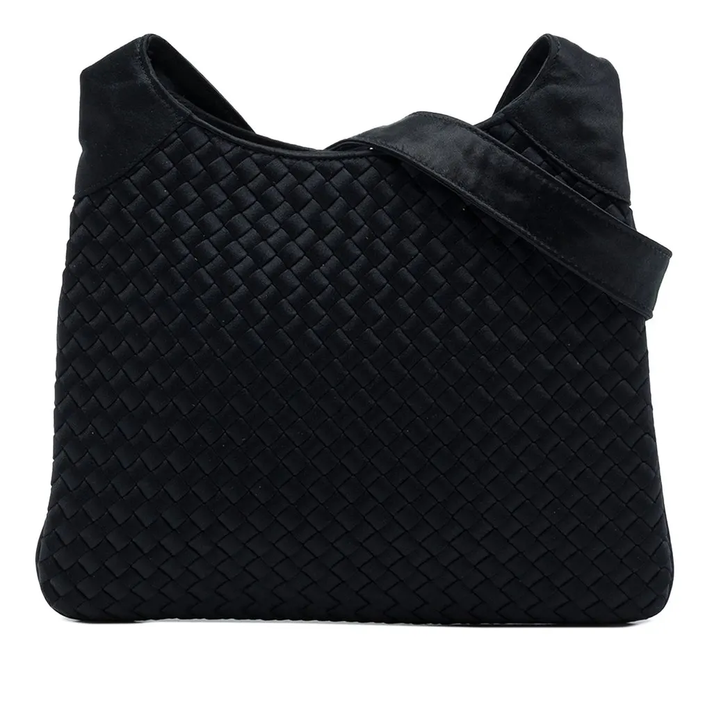 Bottega Veneta Satin Intrecciato Shoulder Bag Black Satin Good - Front View