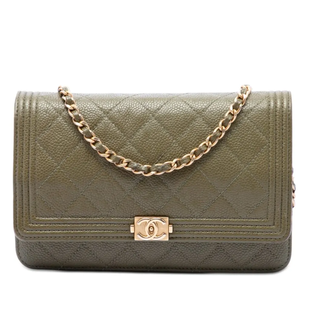 Chanel Quilted Caviar Boy Wallet on Chain Green Leather Very good - Front View