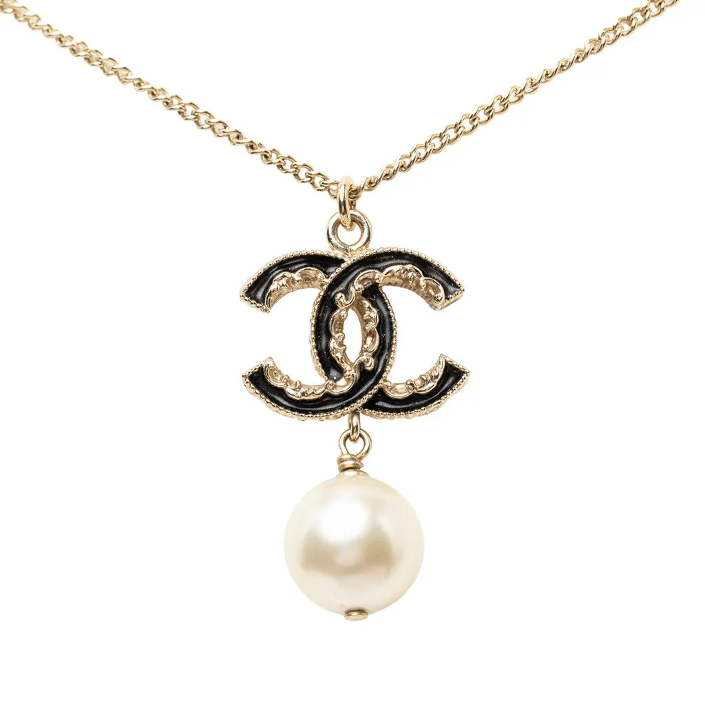 Chanel Gold Plated CC Faux Pearl Baroque Pendant Necklace Gold Metal Very good - Back View